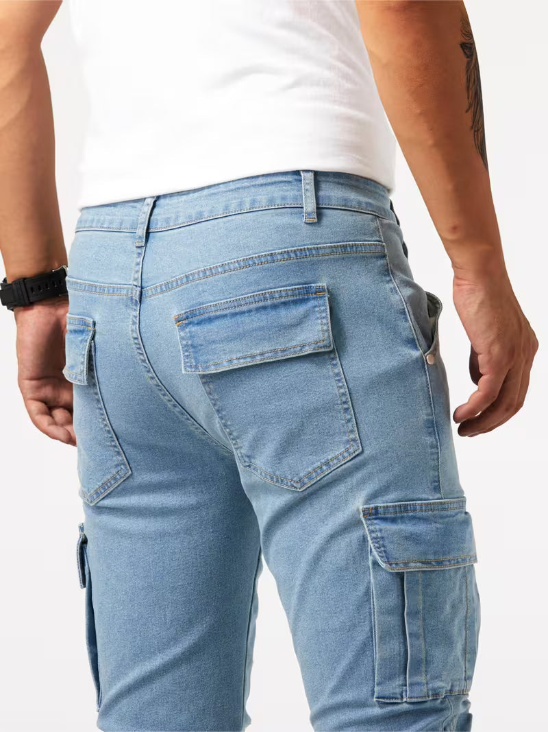 Men's Cargo Trousers Stretch Denim – Multiple Cargo Pockets, Streamlined Fit