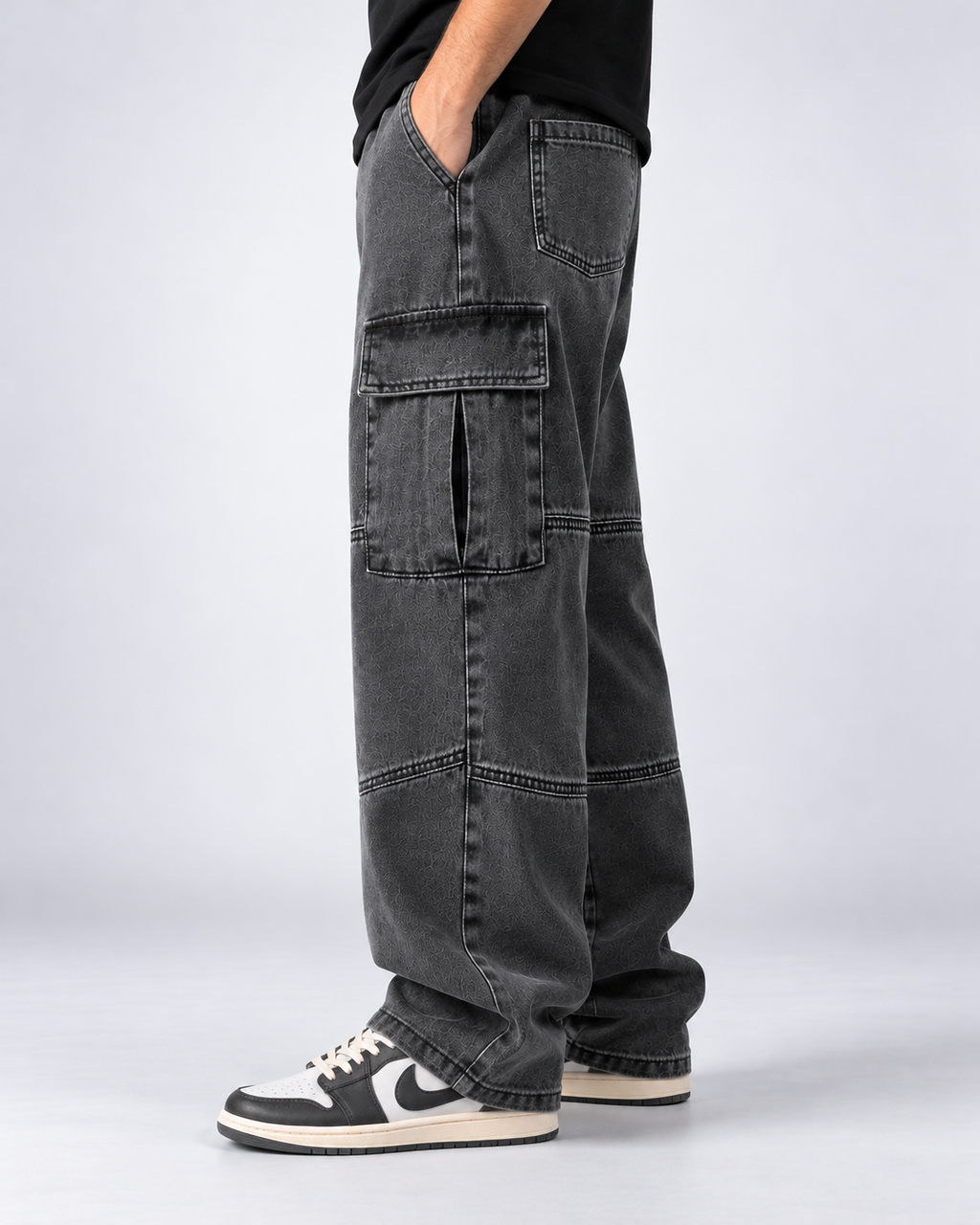 Men's Baggy Cargo Jeans Heavyweight Cotton Denim – Flap Cargo Pockets, Wide-Leg Fit
