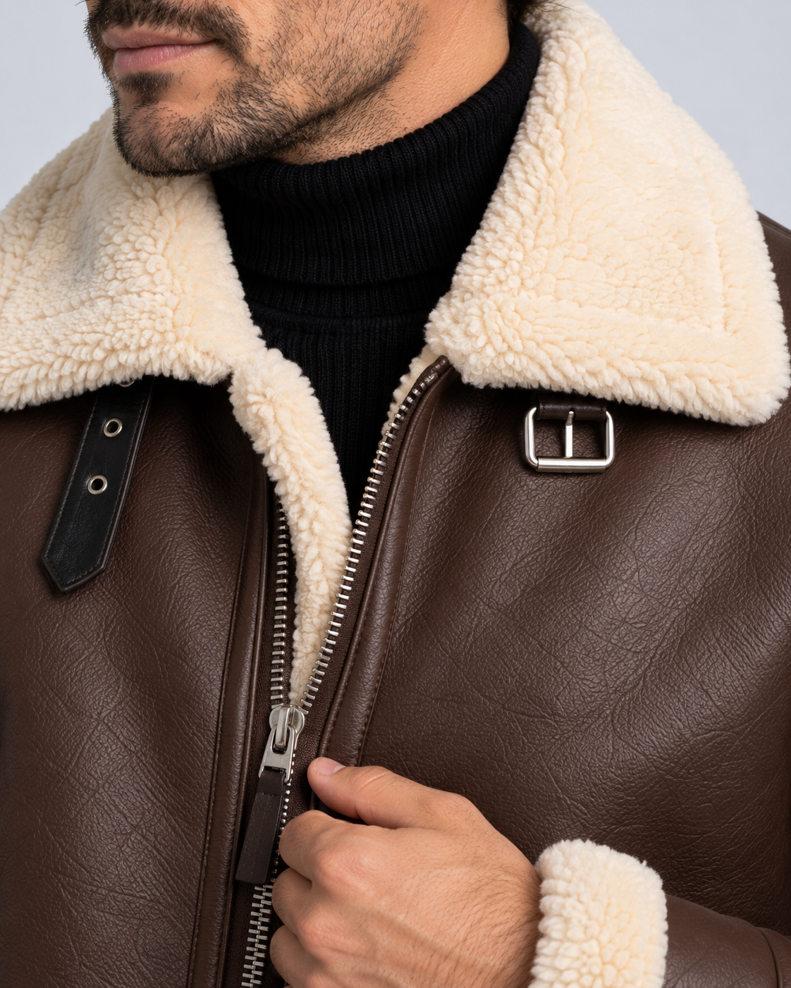 Men's Shearling Aviator Jacket Faux Leather – Faux Shearling Collar, Regular Fit