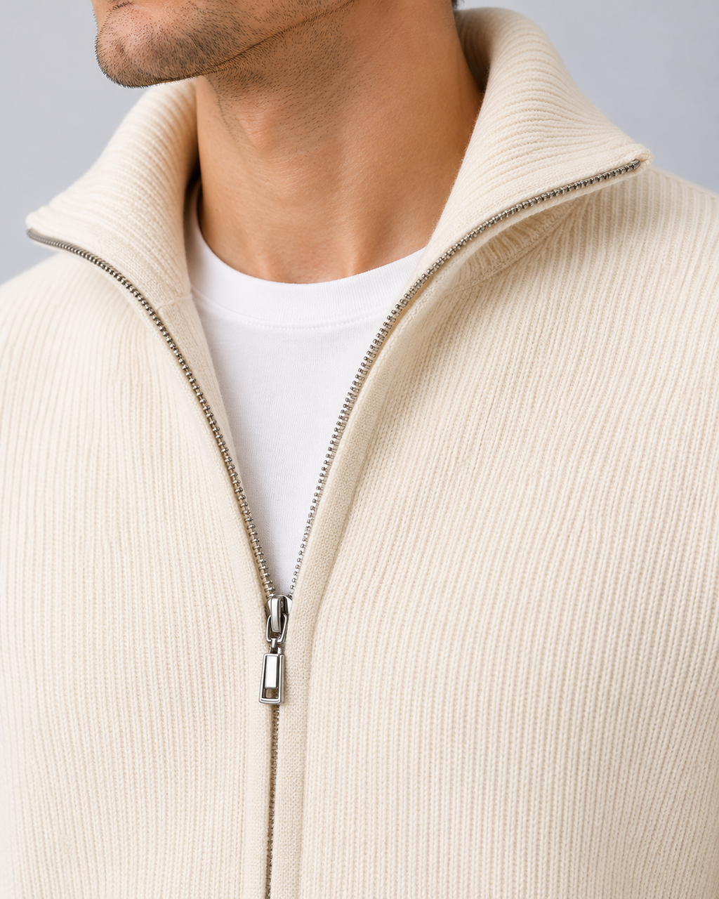 Men's Cardigan 100% Cashmere – Rib-Knit Zip Front