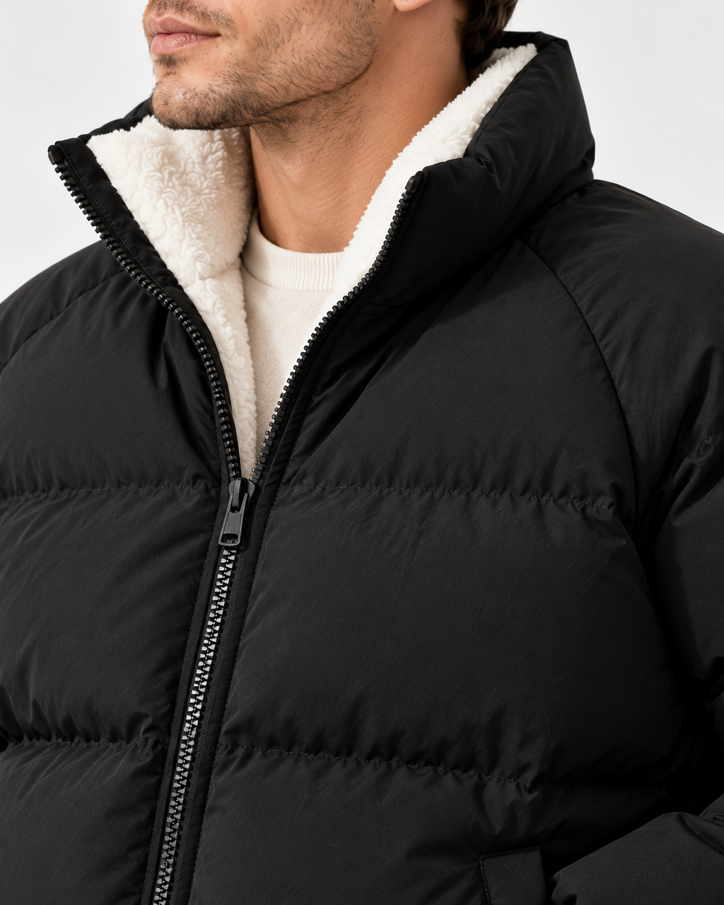 Men's Puffer Jacket – Cotton-Blend Shell Fleece Lining and High Collar