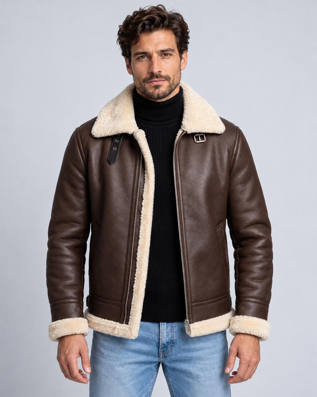 Men's Shearling Aviator Jacket Faux Leather – Faux Shearling Collar, Regular Fit