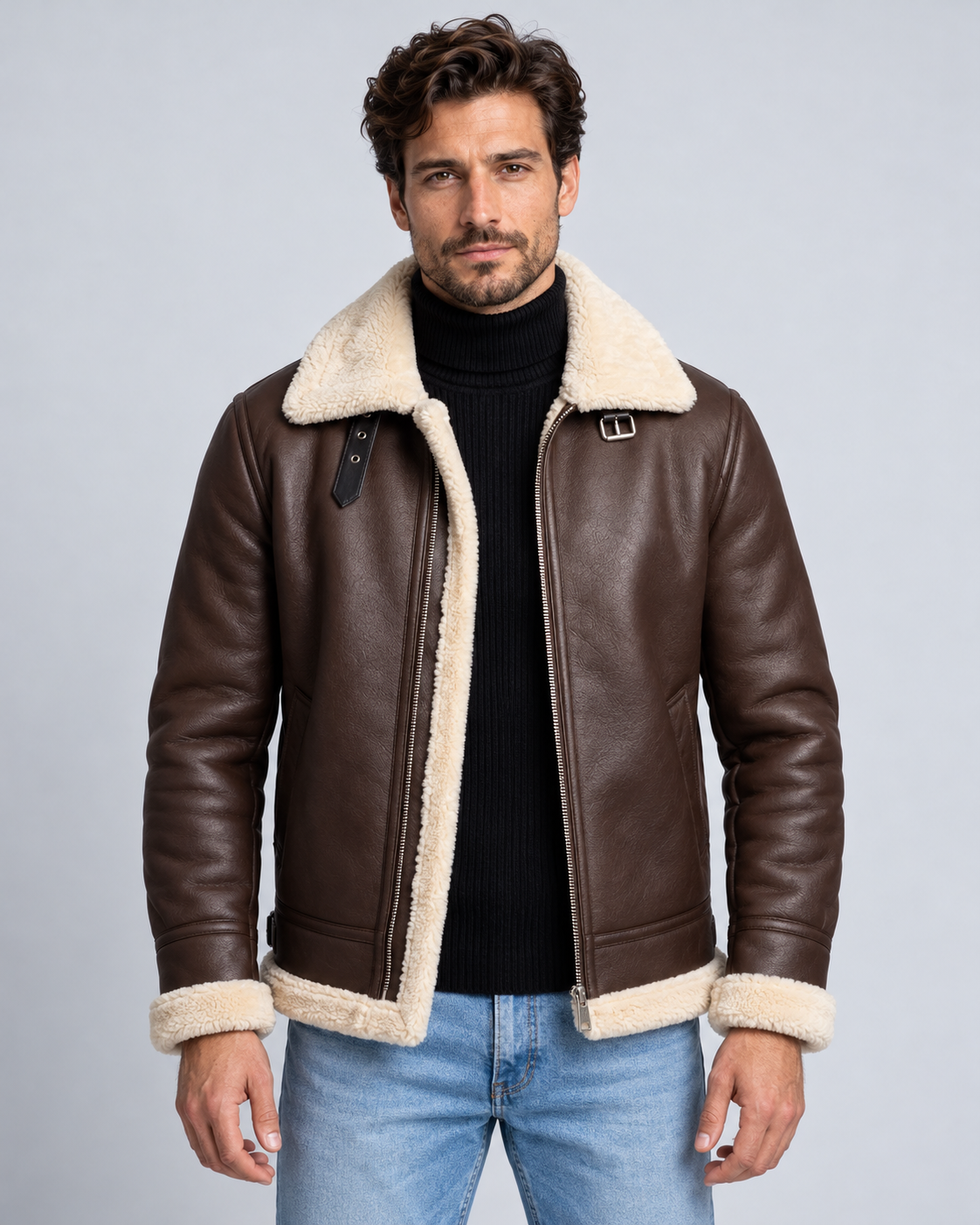Men's Shearling Aviator Jacket Faux Leather – Faux Shearling Collar, Regular Fit