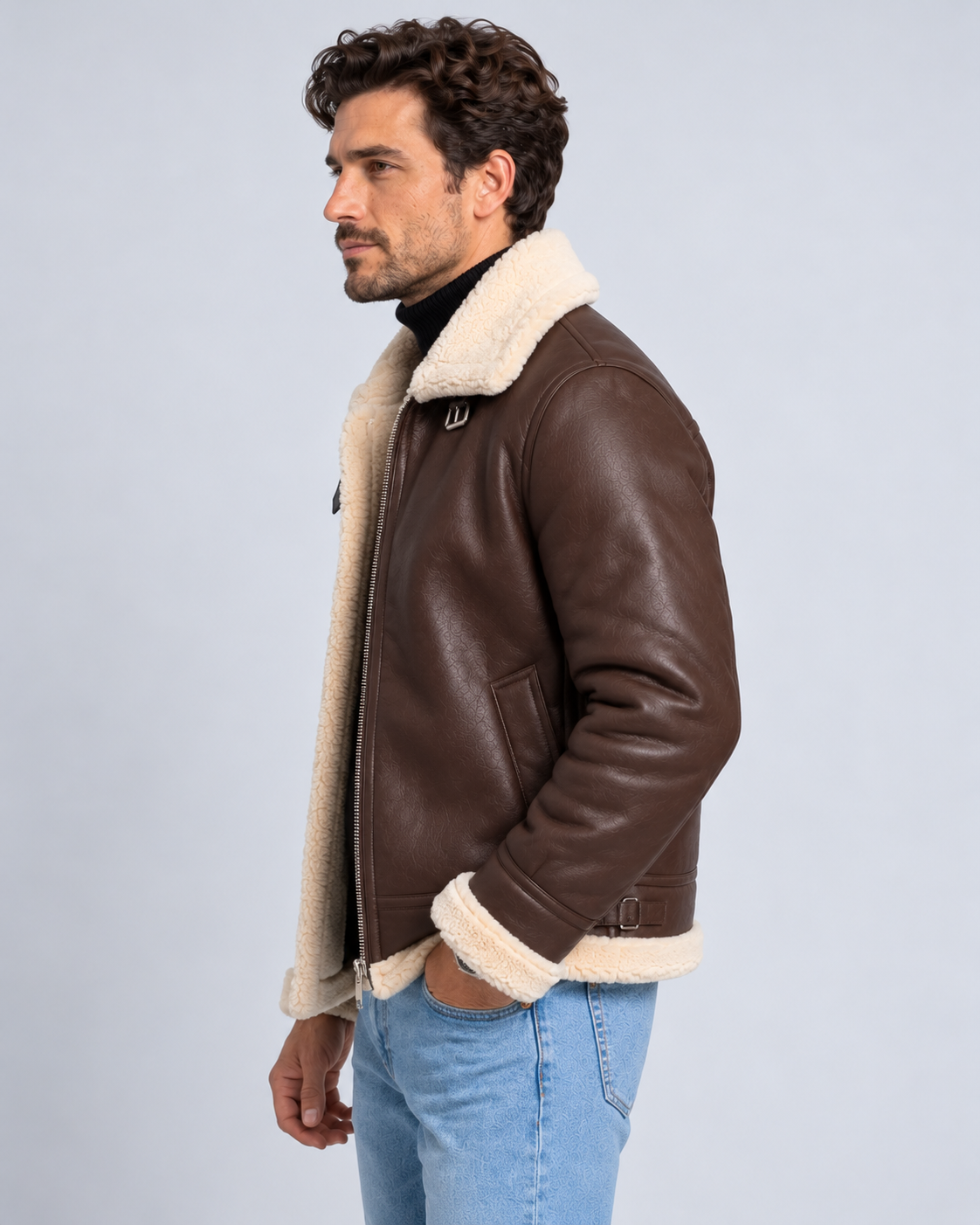Men's Shearling Aviator Jacket Faux Leather – Faux Shearling Collar, Regular Fit