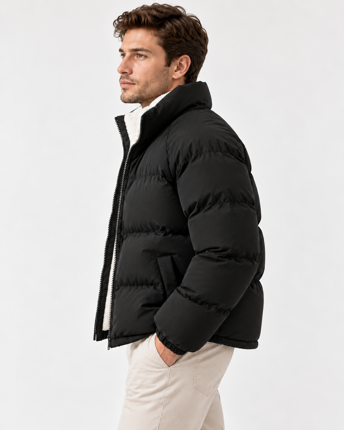 Men's Puffer Jacket – Cotton-Blend Shell Fleece Lining and High Collar
