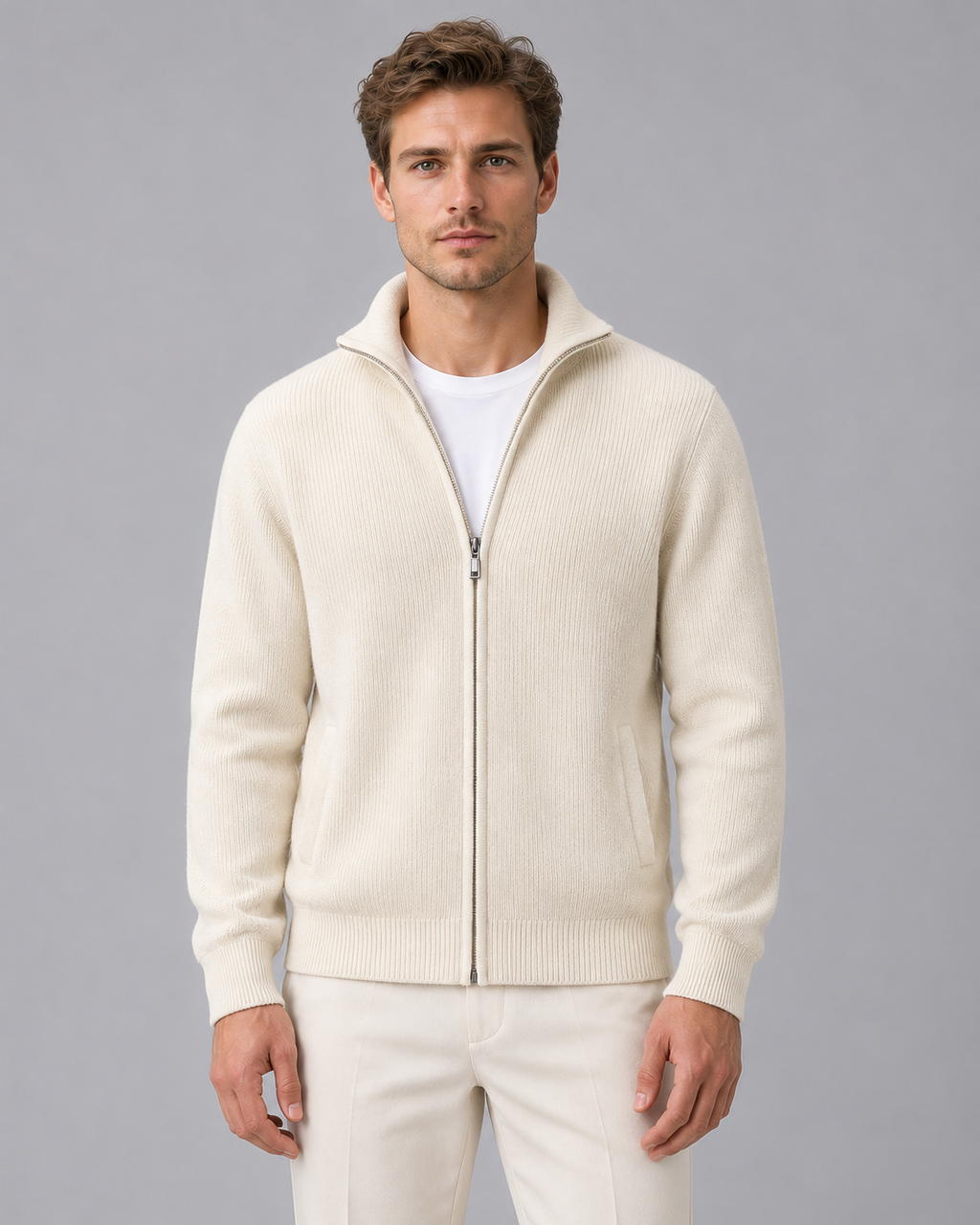 Men's Cardigan 100% Cashmere – Rib-Knit Zip Front