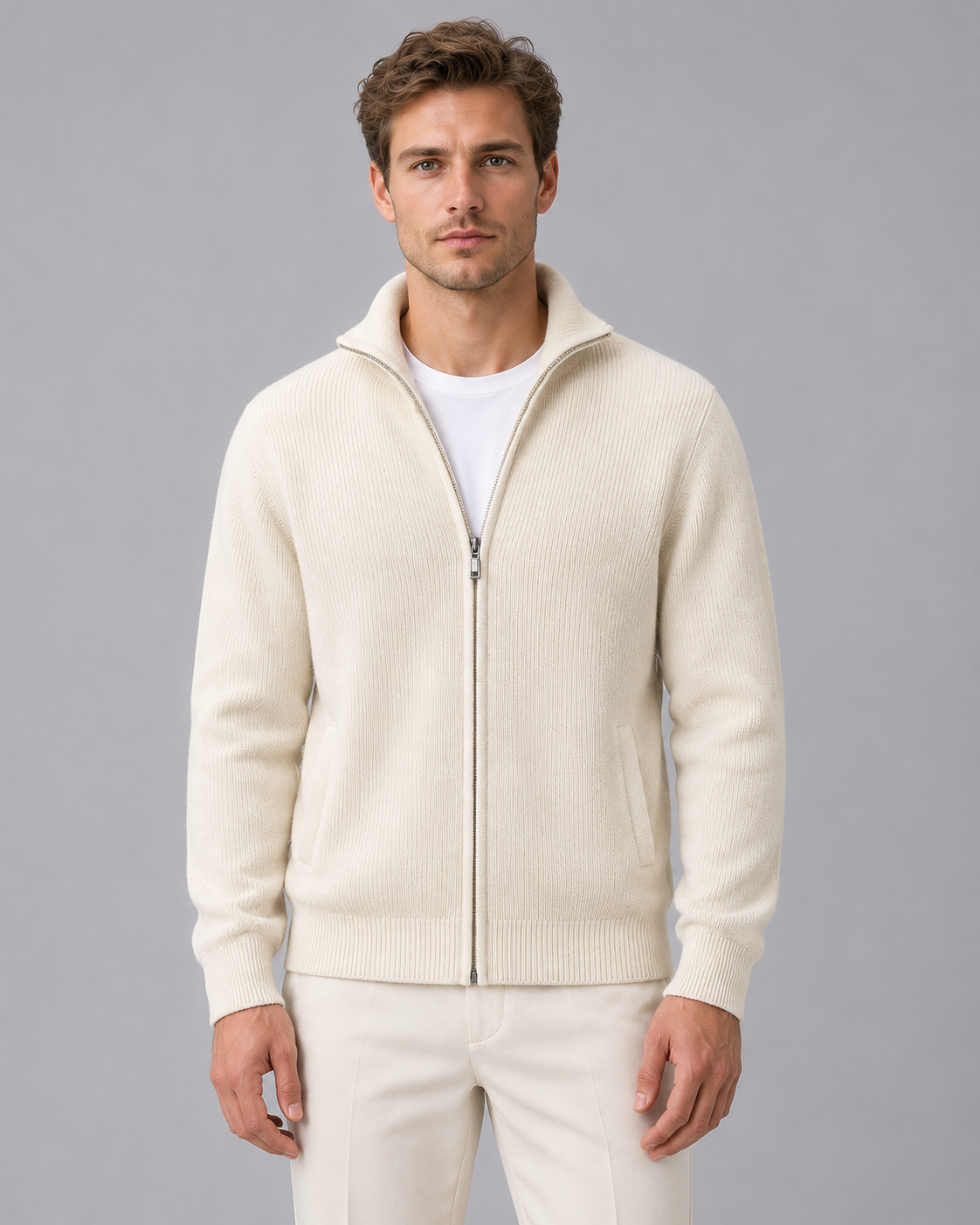 Men's Cardigan 100% Cashmere – Rib-Knit Zip Front