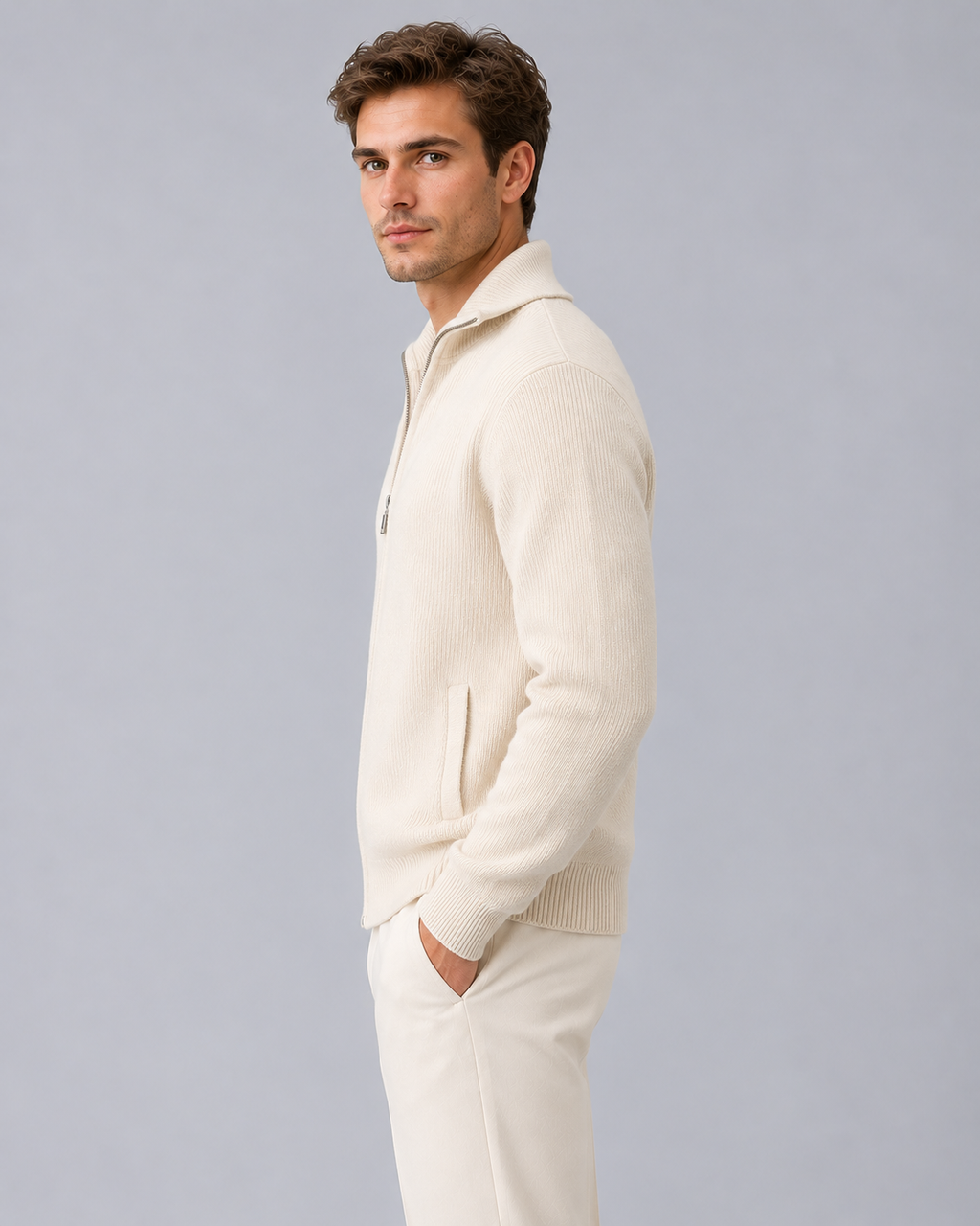 Men's Cardigan 100% Cashmere – Rib-Knit Zip Front