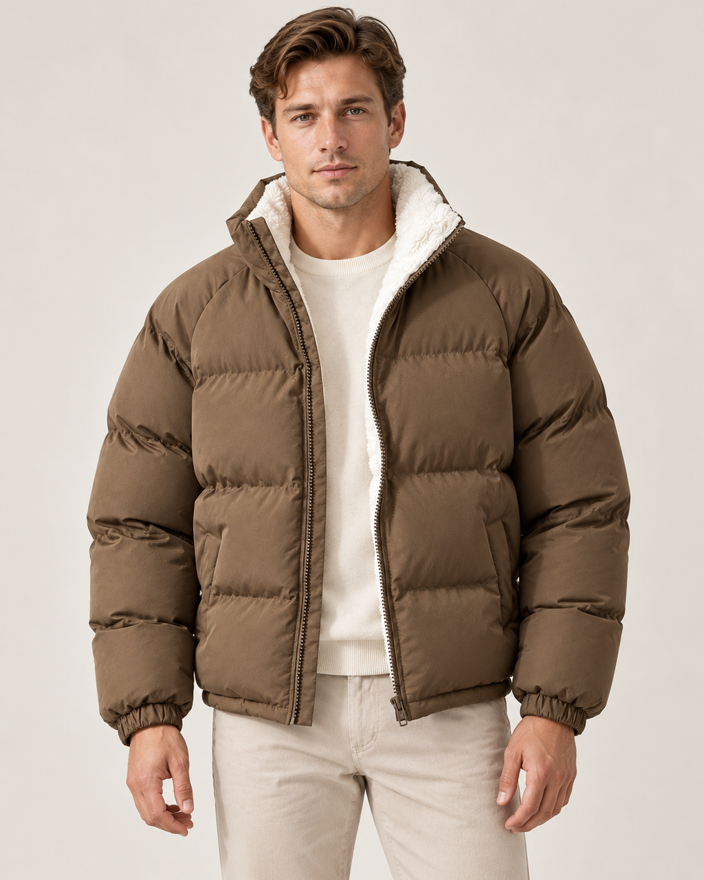 Men's Puffer Jacket – Cotton-Blend Shell Fleece Lining and High Collar