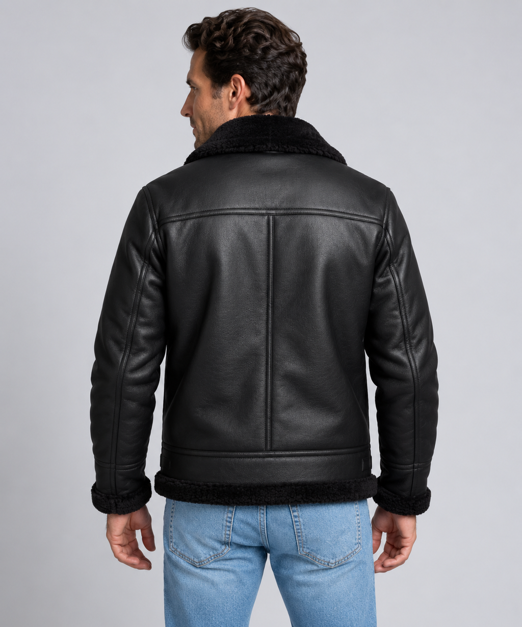 Men's Shearling Aviator Jacket Faux Leather – Faux Shearling Collar, Regular Fit